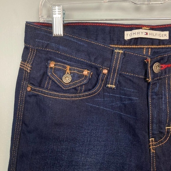 TOMMY Hilfiger Dark Wash Wide Leg Cropped Jeans Women's Size 2 Light Distressing - Picture 3 of 12